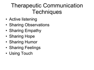 Therapeutic Communication Techniques Active listening Sharing Observations Sharing Empathy Sharing Hope Sharing Humor Sharing Feelings Using Touch 
