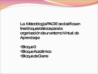 La  Metodología PACIE se clasifica en tres bloques básicos para la organización de un entorno Virtual de Aprendizaje: Bloque 0 Bloque Académico Bloque de Cierre 
