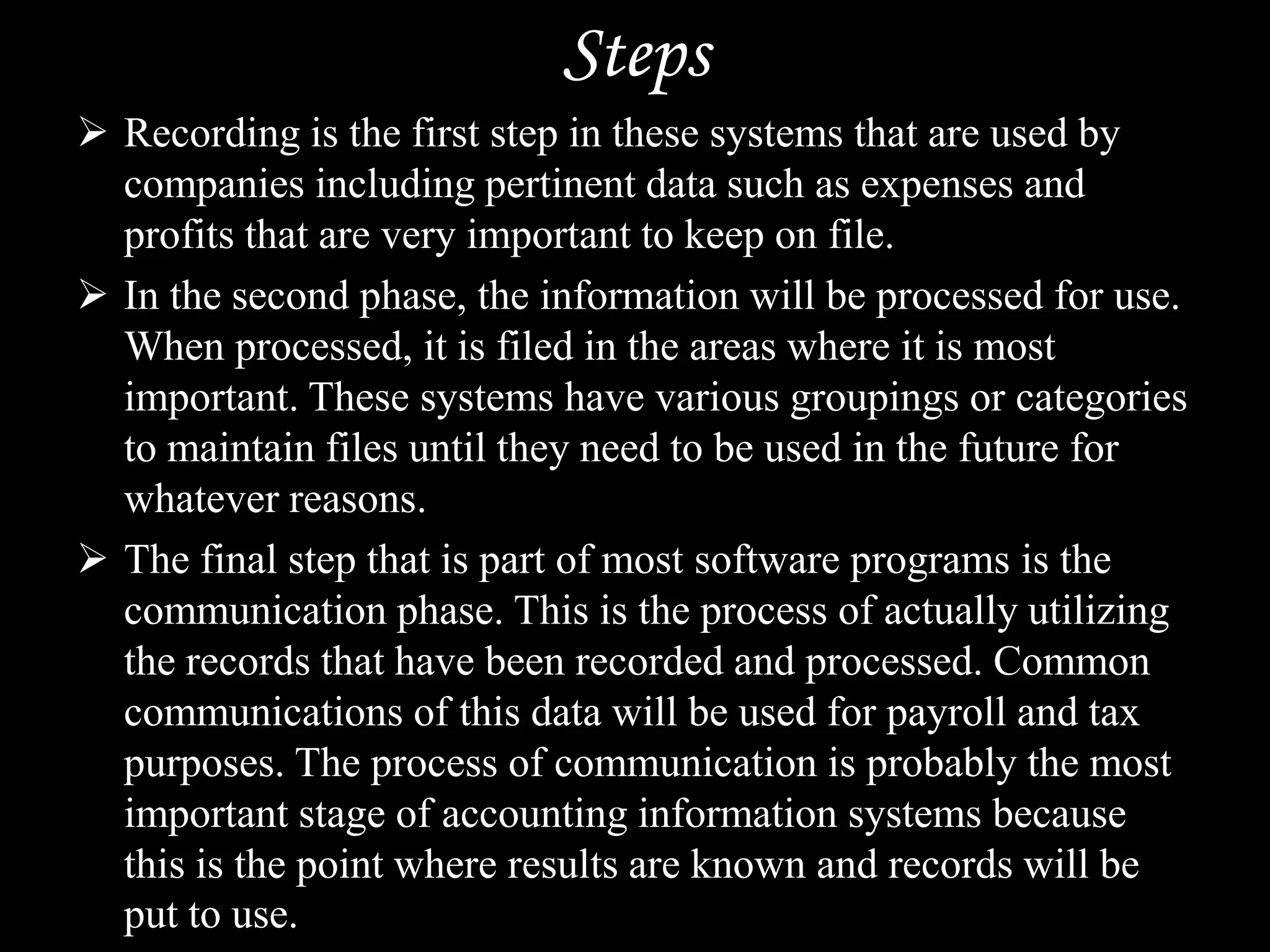 AIS is responsible for providing timely and accurate financial and statistical reports for internal management decision making, and for external parties such as creditors, investors, and regulatory and taxation authorities.Benefits of AISBusinesses use accounting information systems to make their accounting activities easier, quicker, and more accurate