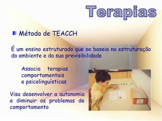 Visa desenvolver a autonomia e diminuir os problemas de comportamento É um ensino estruturado que se baseia na estruturação do ambiente e da sua previsibilidade Associa terapias comportamentais e psicolinguísticas Terapias Método de TEACCH 