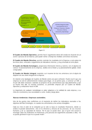 q Seguimiento Semestral
           entorno Interno y Externo.
           q Benchmarking
           q Posicionamiento
           Estratégico
                                         Estratégico                   q Visión Integral de todas
           q Visión a L.P.
                                                                         las perspectivas de la
                                                                     Empresa: Financiera, Clientes,
                                                                           Procesos o Interna,




                                                              CM
                                                               MI
             q Seguimiento Mensual                                      Innovación y Aprendizaje.
             Resultados.
                                          Directivo
             q Visión a C.P.


            q Seguimiento Diario
            Operación y Procesos          Operativo



             Finanzas
              Finanzas       Compras
                              Compras   Ventas
                                        Ventas    Marketing
                                                  Marketing     Producción
                                                                 Producción   Logística
                                                                              Logística

                                           Figura 1.2


El Cuadro de Mando Operativo, permite hacer seguimiento diario del estado de situación de un
sector o proceso de la Empresa, para poder tomar a tiempo las medidas correctivas necesarias.

El Cuadro de Mando Directivo, permite controlar los resultados de la Empresa a corto plazo de
las áreas clave, enfocado a seguimiento de indicadores internos, y muy orientado al corto plazo.

El Cuadro de Mando Estratégico, proporciona información interna y externa, con el objetivo de
conocer el posicionamiento de la empresa, análisis de la misión y su posicionamiento global, visión
a largo plazo.

El Cuadro de Mando Integral, responde a un resumen de los tres anteriores con el objeto de
disponer de una visión integral de la empresa.

En relación a las tipologías de Cuadros de Mando existe una gran confusión. Puede ocurrir que una
empresa no esté lo suficientemente madura para llegar, en un primer paso, a construir un CMI, y
no por ello debe renunciar a abordar un proyecto de las características que aquí planteamos y que
va mucho más allá. En muchas ocasiones, es preferible empezar por un Cuadro de Mando
Operativo y evolucionar hacia el CMI.

Lo importante de cualquier metodología es saber adaptarse a la realidad de cada empresa, a su
ritmo de crecimiento y sus necesidades a corto, medio y largo plazo.


Nuevas tendencias: Empresas sostenibles.

Uno de los puntos más conflictivos en el momento de definir los indicadores asociados a los
objetivos del Plan Estratégico, es cuando nos enfrentamos a los activos intangibles.

Cada vez más el valor de la compañía ya no sólo se basa en resultados financieros, dónde se
analiza el pasado básicamente, sino en la eficiencia y eficacia de los procesos, de sus recursos
humanos y de su capacidad de innovar. Por lo que se puede decir, que el gran reto actual es
investigar sobre las mediciones no financieras y los procesos de seguimiento asociados a ellas, “no
se puede gestionar lo que no se puede medir”.
 