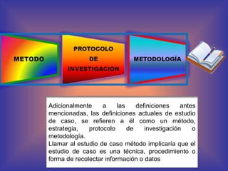 Adicionalmente a las definiciones antes mencionadas, las definiciones actuales de estudio de caso, se refieren a él como un método, estrategia, protocolo de investigación o metodología.   Llamar al estudio de caso método implicaría que el estudio de caso es una técnica, procedimiento o forma de recolectar información o datos 
