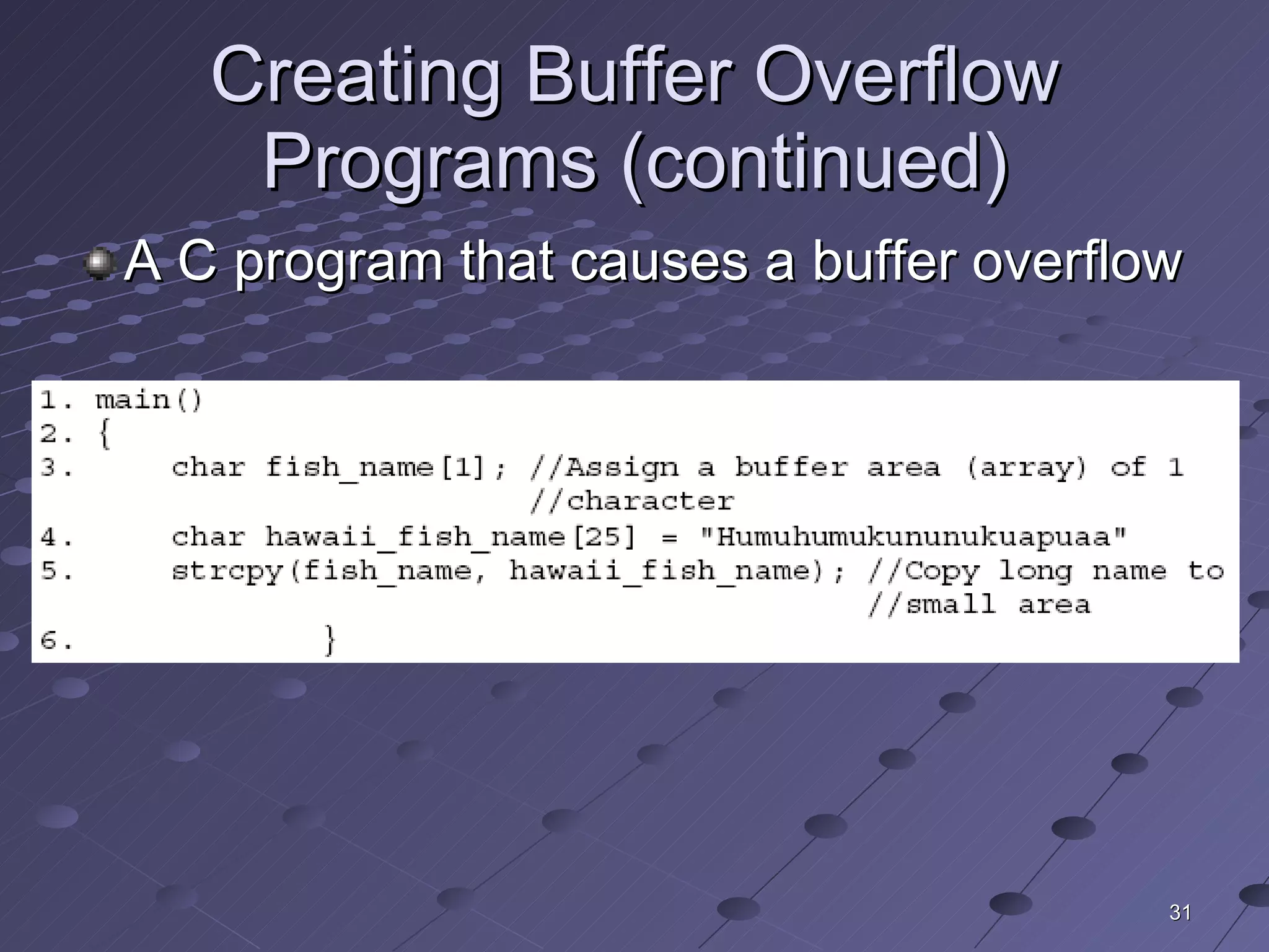 Creating Buffer Overflow Programs (continued) A C program that causes a buffer overflow 