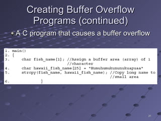 Creating Buffer Overflow Programs (continued) A C program that causes a buffer overflow 