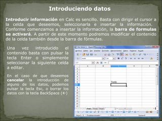 Introduciendo datos Introducir información  en Calc es sencillo. Basta con dirigir el cursor a la celda que deseemos, seleccionarla e insertar la información.  Conforme comenzamos a insertar la información, la  barra de formulas se activará . A partir de este momento podremos modificar el contenido de la celda también desde la barra de fórmulas. Una vez introducido el contenido basta con pulsar la tecla Enter o simplemente seleccionar la siguiente celda a editar. En el caso de que deseemos  cancelar  la introducción de alguno de los datos, podemos pulsar la tecla Esc, o borrar los datos con la tecla BackSpace (  ) 