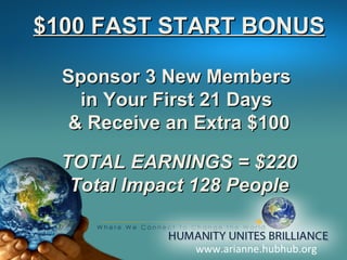www.arianne.hubhub.org $100 FAST START BONUS Sponsor 3 New Members  in Your First 21 Days  & Receive an Extra $100 TOTAL EARNINGS = $220 Total Impact 128 People 