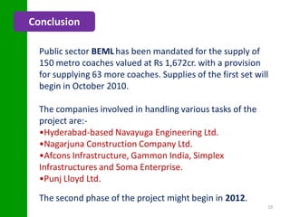 Conclusion

  Public sector BEML has been mandated for the supply of
  150 metro coaches valued at Rs 1,672cr. with a prov...