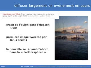 diffuser largement un événement en cours crash de l’avion dans l’Hudson River première image tweetée par Janis Krums la nouvelle se répand d’abord dans la « twittersphere » lire l’historie dans :   http://brunowalther.com/2009/01/16/twitter-et-le-crash-de-lavion-dans-lhudson-river/   