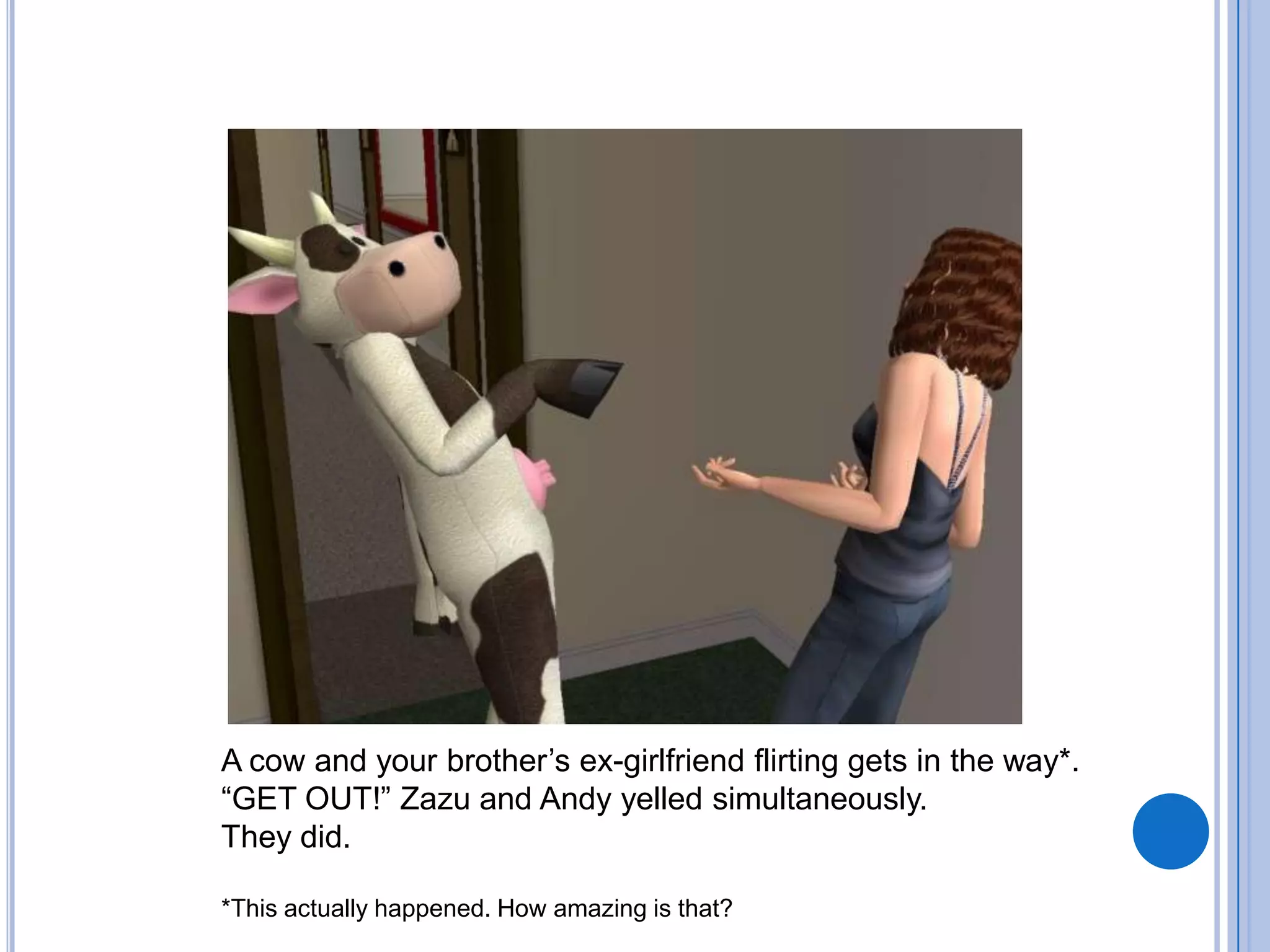 A cow and your brother’s ex-girlfriend flirting gets in the way*.“GET OUT!” Zazu and Andy yelled simultaneously.They did.*This actually happened. How amazing is that?