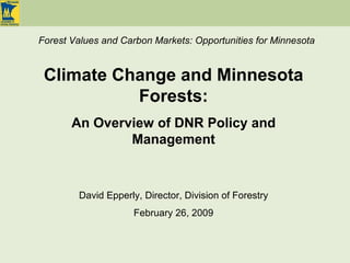 David Epperly, Director, Division of Forestry February 26, 2009 Climate Change and Minnesota Forests: An Overview of DNR Policy and Management Forest Values and Carbon Markets: Opportunities for Minnesota 
