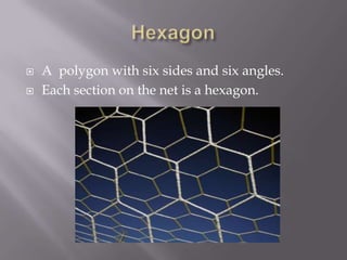 HexagonA  polygon with six sides and six angles.Each section on the net is a hexagon.