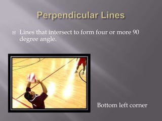 Perpendicular LinesLines that intersect to form four or more 90 degree angle.The intersecting lines in the bottom left corner are perpendicular.