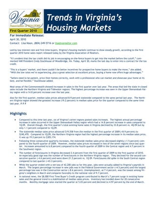 Trends in Virginia’s
First Quarter 2010                 Housing Markets
For Immediate Release:
April 30, 2010
Contact: Lisa Noon, (804) 249-5716 or lisa@varealtor.com

Led by low interest rate and first-time buyers, Virginia’s housing markets continue to show steady growth, according to the first
quarter 2010 home sales report released today by the Virginia Association of Realtors.

“It’s evident that the tax credit did its job in encouraging on-the-fence buyers to get into the market before the cutoff,” com-
mented VAR President Cindy Stackhouse of Woodbridge, VA. Today, April 30, marks the last day to enter into a contract for the tax
credit.

"This is a buyers’ market, and there couldn’t be better incentives for prospective home buyers to make the move,” she added.
“With the low rates we’re experiencing, plus a great selection at excellent prices, buying a home now offers huge advantages.”

“Sellers need to be patient, price their homes correctly, work with a professional who can market and showcase your home at its
best, and be flexible,” Stackhouse added.

Most areas of the Commonwealth showed increases in sales in the first quarter over last year. The areas that led the state in closed
sales include the Northern Virginia and Tidewater regions. The highest percentage increase was seen in the Upper Shenandoah Val-
ley region with a 14.8 percent increase over the last year.

Also for the first quarter, median sales prices advanced 8.9 percent statewide compared to the same period last year. The North-
ern Virginia region showed the greatest increase (19.2 percent) in median sales price for the quarter compared to the same time
last year. # # #



Highlights
       Compared to this time last year, six of Virginia’s seven regions posted sales increases. The highest annual percentage
         increase in sales occurred in the Upper Shenandoah Valley region which had a 14.8 percent increase in sales compared to
         1Q 09. Overall though, the first quarter’s total existing home sales in Virginia declined by 33.8 percent vs. 4Q 09 but by
         only 1.1 percent compared to 1Q 09.
       The statewide median sales price advanced $19,558 from the median in the first quarter of 2009 (+8.9 percent) to
         $240,470. Compared to 1Q 09, the Northern Virginia region had the highest percentage increase in its median sales price,
         it was up 19.2 percent to $305,174.
       Following three consecutive quarterly increases, the statewide median sales price decreased slightly (-1.5 percent) com-
         pared to the fourth quarter of 2009. However, median sales prices increased in two of the seven regions since last quar-
         ter. Increases amounted to 6.8 percent compared to the fourth quarter of 2009 in the Central region and 4.7 percent in
         the Southwest region.
       The number of foreclosures in Virginia decreased 2.4 percent from the first quarter of 2009 to the first quarter of 2010.
         An especially good sign was the number of foreclosures in the Northern Virginia region. They declined for the second con-
         secutive quarter (-4.6 percent) and were down 21.5 percent vs. 1Q 09. Foreclosures did spike in the South Central region
         compared to last quarter (+43.3 percent).
       While the quarter ended with a net loss of 42,200 jobs so far this year, jobs were actually added to Virginia’s payrolls in
         March. The largest percentage increase in new jobs was in the Federal Government sector (+4.5 percent) and the largest
         percentage loss was in the Construction sector (-8.6 percent). Unemployment, at 7.4 percent, was the lowest among Vir-
         ginia’s neighbors in March and compares favorably to the national rate of 9.7 percent.
       In national news, the $8,000 First Time Buyer’s Credit program contributed to March’s 7 percent surge in existing home
         sales and the general trend is a stabilization of median sales prices. Inventory has trended down for 20 consecutive
         months. Monthly mortgage rates started the quarter at 5.03 percent and declined to 4.97 percent by the end of March.
 