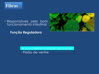 Responsáveis pelo bom funcionamento intestinal Função Reguladora Fibras A sua carência pode provocar: - Prisão de ventre 