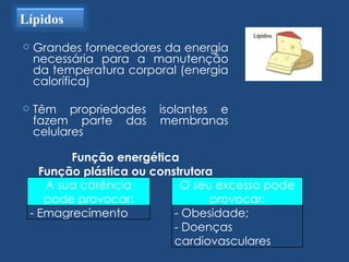 Grandes fornecedores da energia necessária para a manutenção da temperatura corporal (energia calorífica) Têm propriedades isolantes e fazem parte das membranas celulares  Função energética Função plástica ou construtora Lípidos A sua carência pode provocar: - Emagrecimento O seu excesso pode provocar: - Obesidade; - Doenças cardiovasculares 
