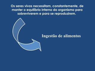 Os seres vivos necessitam, constantemente, de manter o equilíbrio interno do organismo para sobreviverem e para se reproduzirem.  Ingestão de alimentos 