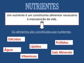 NUTRIENTES Um nutriente é um constituinte alimentar necessário à manutenção da vida. Os alimentos são constituídos por nutrientes . 