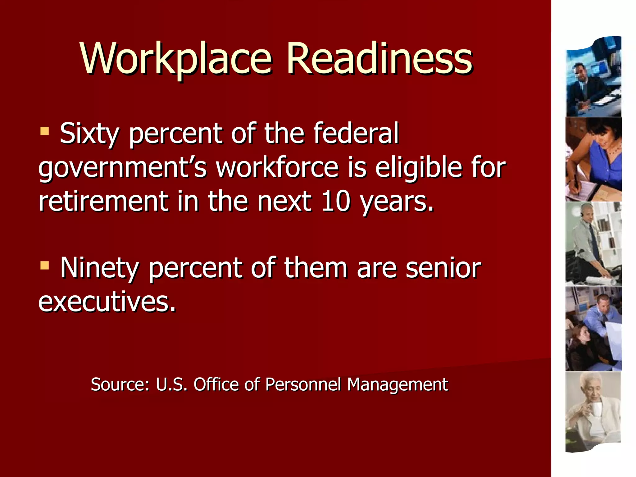 Workplace Readiness Sixty percent of the federal government’s workforce is eligible for retirement in the next 10 years. Ninety percent of them are senior executives. Source: U.S. Office of Personnel Management 