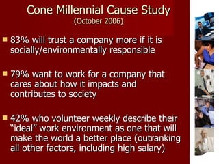 Cone Millennial Cause Study  (October 2006) 83% will trust a company more if it is socially/environmentally responsible 79% want to work for a company that cares about how it impacts and contributes to society 42% who volunteer weekly describe their “ideal” work environment as one that will make the world a better place (outranking all other factors, including high salary) 