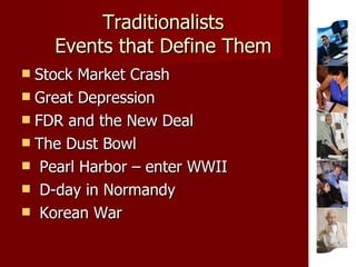 Traditionalists Events that Define Them <ul><li>Stock Market Crash  </li></ul><ul><li>Great Depression </li></ul><ul><li>F...
