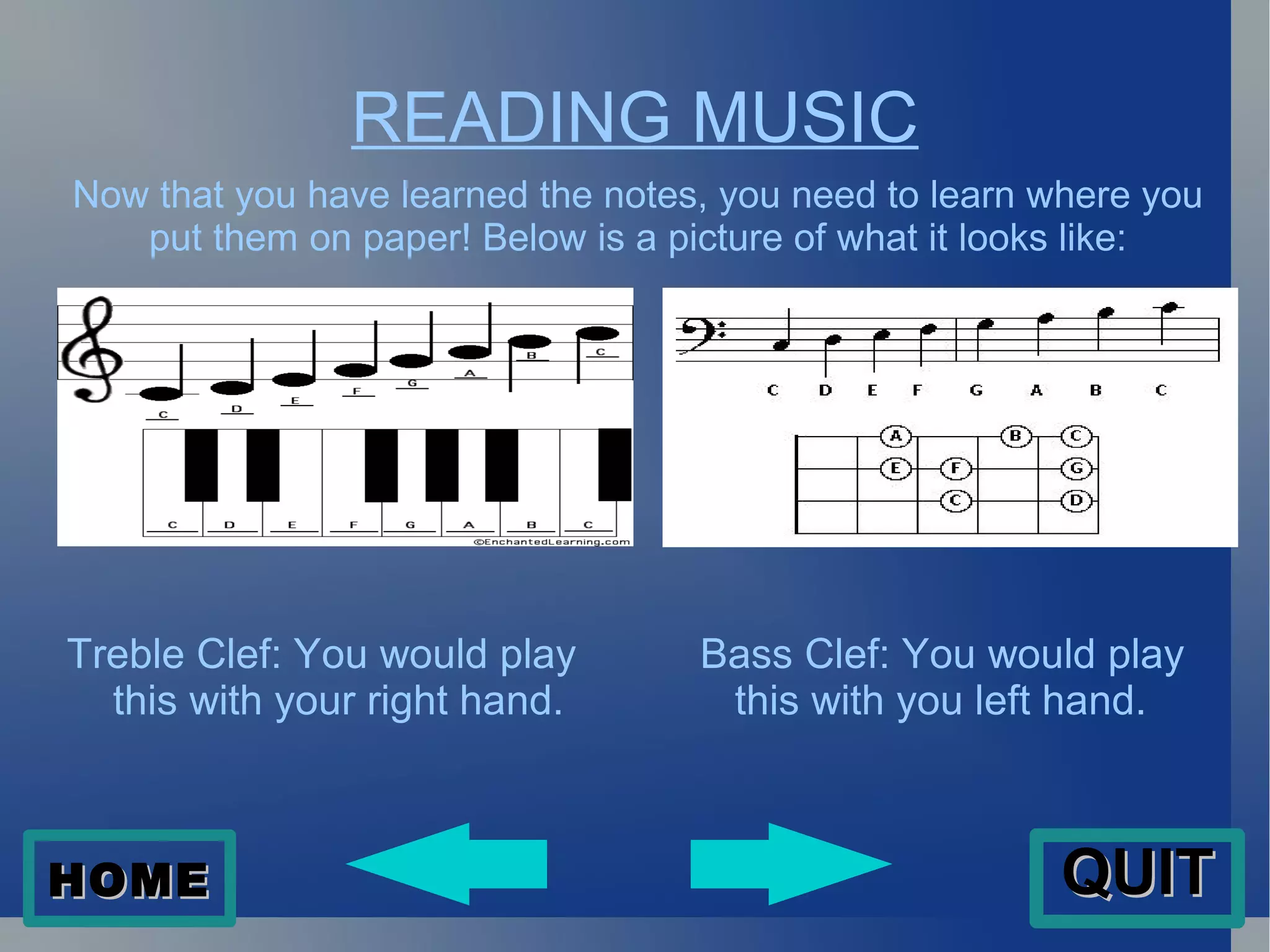 READING MUSIC Now that you have learned the notes, you need to learn where you put them on paper! Below is a picture of what it looks like: Treble Clef: You would play  Bass Clef: You would play this with your right hand.   this with you left hand. HOME QUIT 