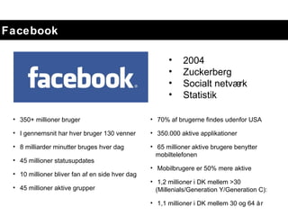 <ul><li>2004 </li></ul><ul><li>Zuckerberg </li></ul><ul><li>Socialt netværk </li></ul><ul><li>Statistik </li></ul><ul><li>...