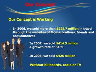 Our Concept Our Concept is Working In 2006, we sold more than  $225.7 million  in travel through the websites of Moms, brothers, friends and acquaintances In 2007, we sold  $414.5 million A growth rate of 84% In 2008, we sold  $425 million Without billboards, radio or TV 