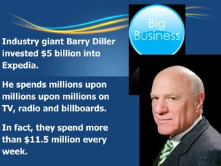 Industry giant Barry Diller  invested $5 billion into  Expedia. He spends millions upon  millions upon millions on  TV, radio and billboards.  In fact, they spend more  than $11.5 million every  week. 