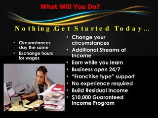 What Will You Do? Circumstances  stay the same Exchange hours  for wages Change your circumstances Additional Streams of Income Earn while you learn Business open 24/7 “ Franchise type” support No experience required Build Residual Income $10,000 Guaranteed Income Program   Nothing… Get Started Today… 