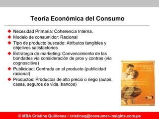 Teoría Económica del Consumo
 Necesidad Primaria: Coherencia Interna.
 Modelo de consumidor: Racional
 Tipo de producto...