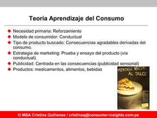 Teoría Aprendizaje del Consumo
 Necesidad primaria: Reforzamiento
 Modelo de consumidor: Conductual
 Tipo de producto b...