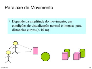 Paralaxe de Movimento Depende da amplitude do movimento; em condições de visualização normal é intensa  para distâncias curtas (< 10 m) 