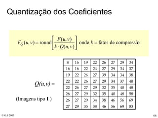 Quantização dos Coeficientes Q(u,v)  =  (Imagens tipo  I  ) 83 69 56 46 38 35 29 27 69 56 46 38 34 29 27 26 58 48 40 35 32 29 27 26 48 40 35 32 29 27 26 22 40 37 34 29 27 26 22 22 38 34 34 39 27 26 22 19 37 34 29 27 24 22 16 16 34 29 27 26 22 19 16 8 