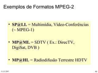 Exemplos de Formatos MPEG-2 [email_address]  = Multimídia, Vídeo-Conferências (~ MPEG-1) [email_address]  = SDTV ( Ex.: DirecTV, DigiSat, DVB )  [email_address]  = Radiodifusão Terrestre HDTV  