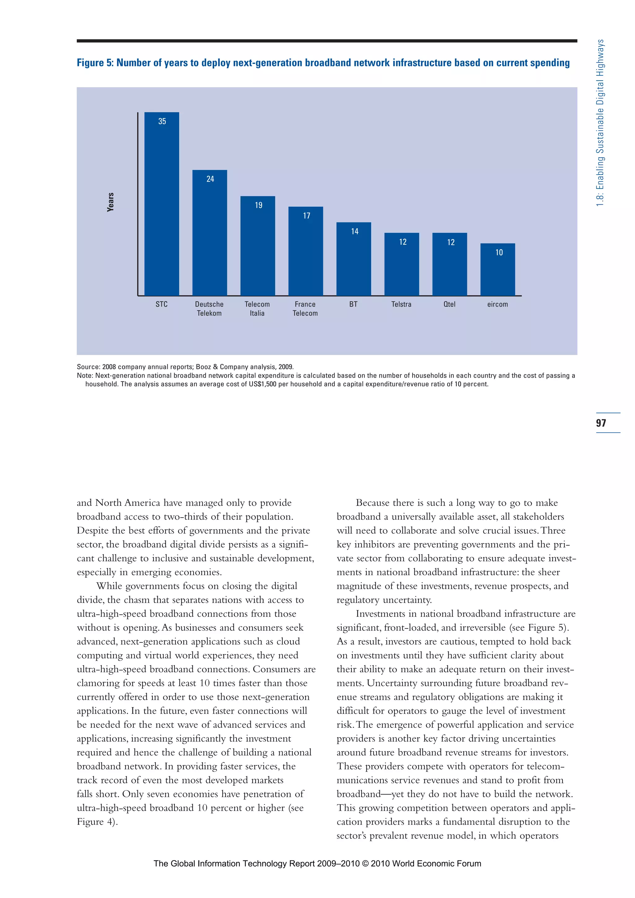 and North America have managed only to provide
broadband access to two-thirds of their population.
Despite the best efforts of governments and the private
sector, the broadband digital divide persists as a signifi-
cant challenge to inclusive and sustainable development,
especially in emerging economies.
While governments focus on closing the digital
divide, the chasm that separates nations with access to
ultra-high-speed broadband connections from those
without is opening.As businesses and consumers seek
advanced, next-generation applications such as cloud
computing and virtual world experiences, they need
ultra-high-speed broadband connections. Consumers are
clamoring for speeds at least 10 times faster than those
currently offered in order to use those next-generation
applications. In the future, even faster connections will
be needed for the next wave of advanced services and
applications, increasing significantly the investment
required and hence the challenge of building a national
broadband network. In providing faster services, the
track record of even the most developed markets
falls short. Only seven economies have penetration of
ultra-high-speed broadband 10 percent or higher (see
Figure 4).
Because there is such a long way to go to make
broadband a universally available asset, all stakeholders
will need to collaborate and solve crucial issues.Three
key inhibitors are preventing governments and the pri-
vate sector from collaborating to ensure adequate invest-
ments in national broadband infrastructure: the sheer
magnitude of these investments, revenue prospects, and
regulatory uncertainty.
Investments in national broadband infrastructure are
significant, front-loaded, and irreversible (see Figure 5).
As a result, investors are cautious, tempted to hold back
on investments until they have sufficient clarity about
their ability to make an adequate return on their invest-
ments. Uncertainty surrounding future broadband rev-
enue streams and regulatory obligations are making it
difficult for operators to gauge the level of investment
risk.The emergence of powerful application and service
providers is another key factor driving uncertainties
around future broadband revenue streams for investors.
These providers compete with operators for telecom-
munications service revenues and stand to profit from
broadband—yet they do not have to build the network.
This growing competition between operators and appli-
cation providers marks a fundamental disruption to the
sector’s prevalent revenue model, in which operators
STC Deutsche
Telekom
Telecom
Italia
France
Telecom
BT Telstra Qtel eircom
35
24
19
17
14
1212
10
Figure 5: Number of years to deploy next-generation broadband network infrastructure based on current spending
Source: 2008 company annual reports; Booz & Company analysis, 2009.
Note: Next-generation national broadband network capital expenditure is calculated based on the number of households in each country and the cost of passing a
household. The analysis assumes an average cost of US$1,500 per household and a capital expenditure/revenue ratio of 10 percent.
Years
97
1.8:EnablingSustainableDigitalHighways
Part 1.r2 3/2/10 4:40 AM Page 97
The Global Information Technology Report 2009–2010 © 2010 World Economic Forum
 