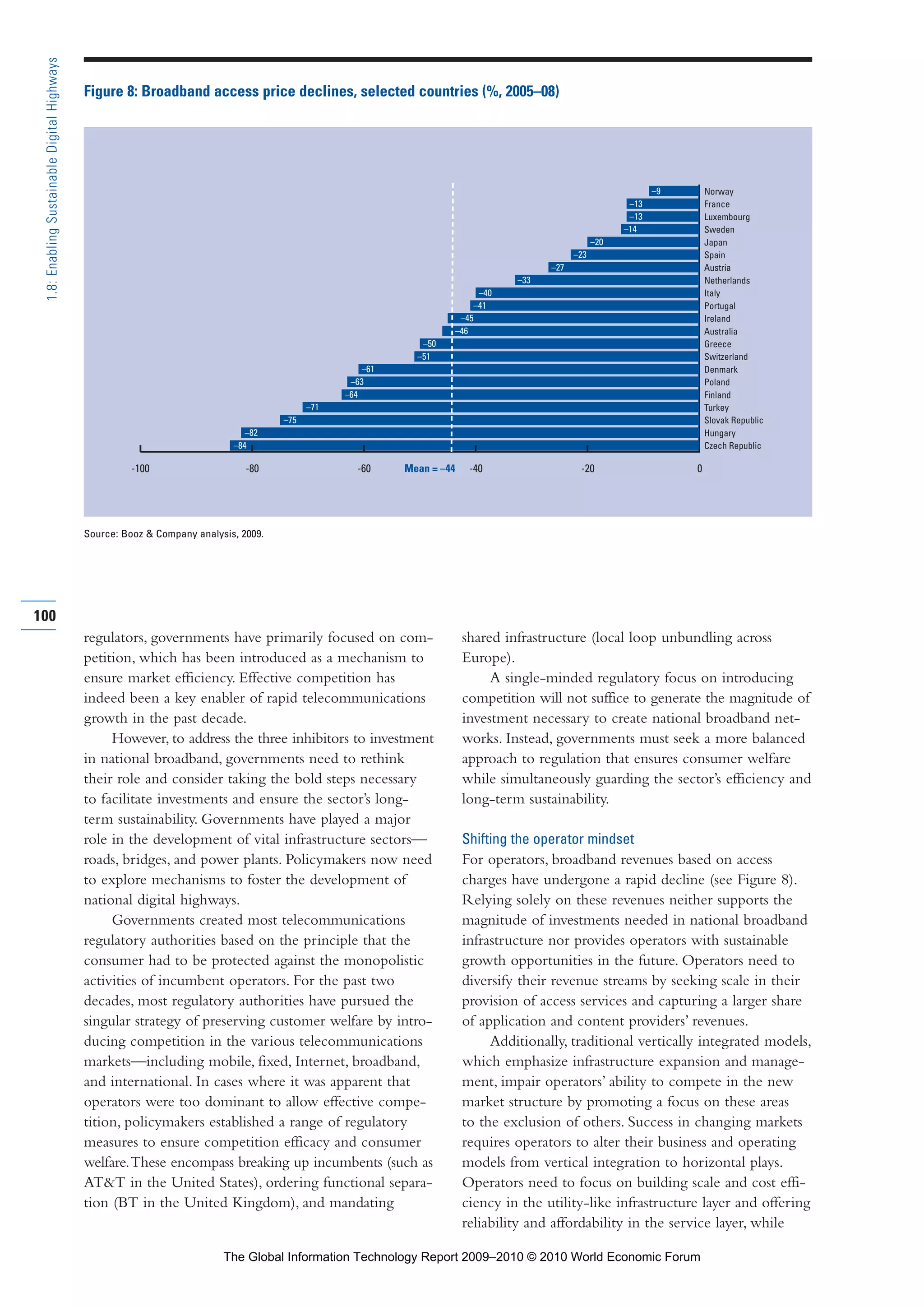regulators, governments have primarily focused on com-
petition, which has been introduced as a mechanism to
ensure market efficiency. Effective competition has
indeed been a key enabler of rapid telecommunications
growth in the past decade.
However, to address the three inhibitors to investment
in national broadband, governments need to rethink
their role and consider taking the bold steps necessary
to facilitate investments and ensure the sector’s long-
term sustainability. Governments have played a major
role in the development of vital infrastructure sectors—
roads, bridges, and power plants. Policymakers now need
to explore mechanisms to foster the development of
national digital highways.
Governments created most telecommunications
regulatory authorities based on the principle that the
consumer had to be protected against the monopolistic
activities of incumbent operators. For the past two
decades, most regulatory authorities have pursued the
singular strategy of preserving customer welfare by intro-
ducing competition in the various telecommunications
markets—including mobile, fixed, Internet, broadband,
and international. In cases where it was apparent that
operators were too dominant to allow effective compe-
tition, policymakers established a range of regulatory
measures to ensure competition efficacy and consumer
welfare.These encompass breaking up incumbents (such as
AT&T in the United States), ordering functional separa-
tion (BT in the United Kingdom), and mandating
shared infrastructure (local loop unbundling across
Europe).
A single-minded regulatory focus on introducing
competition will not suffice to generate the magnitude of
investment necessary to create national broadband net-
works. Instead, governments must seek a more balanced
approach to regulation that ensures consumer welfare
while simultaneously guarding the sector’s efficiency and
long-term sustainability.
Shifting the operator mindset
For operators, broadband revenues based on access
charges have undergone a rapid decline (see Figure 8).
Relying solely on these revenues neither supports the
magnitude of investments needed in national broadband
infrastructure nor provides operators with sustainable
growth opportunities in the future. Operators need to
diversify their revenue streams by seeking scale in their
provision of access services and capturing a larger share
of application and content providers’ revenues.
Additionally, traditional vertically integrated models,
which emphasize infrastructure expansion and manage-
ment, impair operators’ ability to compete in the new
market structure by promoting a focus on these areas
to the exclusion of others. Success in changing markets
requires operators to alter their business and operating
models from vertical integration to horizontal plays.
Operators need to focus on building scale and cost effi-
ciency in the utility-like infrastructure layer and offering
reliability and affordability in the service layer, while
100
1.8:EnablingSustainableDigitalHighways
-100 -80 -60 -40 -20 0
Norway
France
Luxembourg
Sweden
Japan
Spain
Austria
Netherlands
Italy
Portugal
Ireland
Australia
Greece
Switzerland
Denmark
Poland
Finland
Turkey
Slovak Republic
Hungary
Czech Republic–84
–82
–75
–71
–64
–63
–51
–50
–61
–46
–41
–9
–13
–13
–20
–14
–27
–23
–33
–40
–45
Mean = –44
Figure 8: Broadband access price declines, selected countries (%, 2005–08)
Source: Booz & Company analysis, 2009.
Part 1.r2 3/2/10 4:40 AM Page 100
The Global Information Technology Report 2009–2010 © 2010 World Economic Forum
 