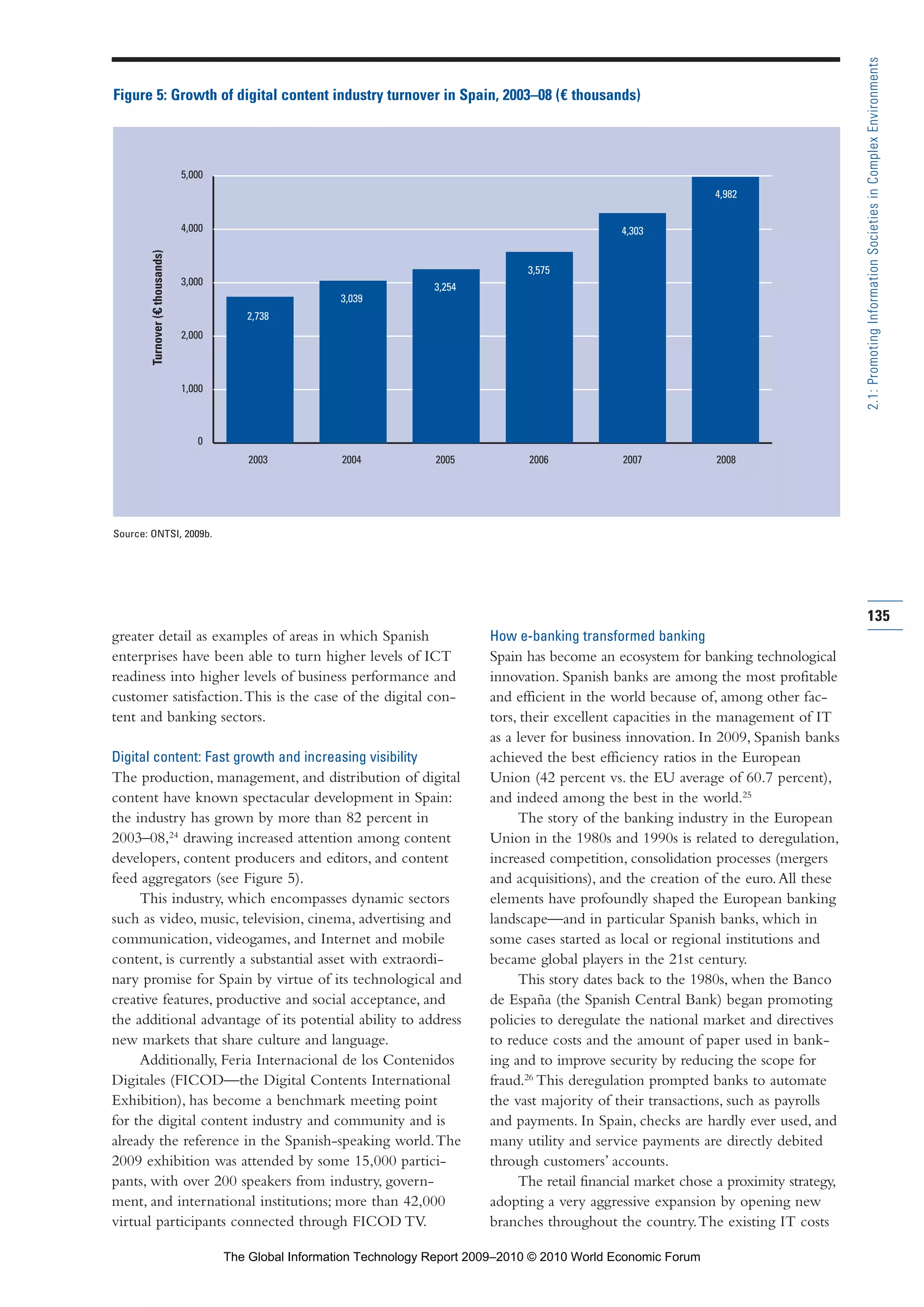 greater detail as examples of areas in which Spanish
enterprises have been able to turn higher levels of ICT
readiness into higher levels of business performance and
customer satisfaction.This is the case of the digital con-
tent and banking sectors.
Digital content: Fast growth and increasing visibility
The production, management, and distribution of digital
content have known spectacular development in Spain:
the industry has grown by more than 82 percent in
2003–08,24
drawing increased attention among content
developers, content producers and editors, and content
feed aggregators (see Figure 5).
This industry, which encompasses dynamic sectors
such as video, music, television, cinema, advertising and
communication, videogames, and Internet and mobile
content, is currently a substantial asset with extraordi-
nary promise for Spain by virtue of its technological and
creative features, productive and social acceptance, and
the additional advantage of its potential ability to address
new markets that share culture and language.
Additionally, Feria Internacional de los Contenidos
Digitales (FICOD—the Digital Contents International
Exhibition), has become a benchmark meeting point
for the digital content industry and community and is
already the reference in the Spanish-speaking world.The
2009 exhibition was attended by some 15,000 partici-
pants, with over 200 speakers from industry, govern-
ment, and international institutions; more than 42,000
virtual participants connected through FICOD TV.
How e-banking transformed banking
Spain has become an ecosystem for banking technological
innovation. Spanish banks are among the most profitable
and efficient in the world because of, among other fac-
tors, their excellent capacities in the management of IT
as a lever for business innovation. In 2009, Spanish banks
achieved the best efficiency ratios in the European
Union (42 percent vs. the EU average of 60.7 percent),
and indeed among the best in the world.25
The story of the banking industry in the European
Union in the 1980s and 1990s is related to deregulation,
increased competition, consolidation processes (mergers
and acquisitions), and the creation of the euro.All these
elements have profoundly shaped the European banking
landscape—and in particular Spanish banks, which in
some cases started as local or regional institutions and
became global players in the 21st century.
This story dates back to the 1980s, when the Banco
de España (the Spanish Central Bank) began promoting
policies to deregulate the national market and directives
to reduce costs and the amount of paper used in bank-
ing and to improve security by reducing the scope for
fraud.26
This deregulation prompted banks to automate
the vast majority of their transactions, such as payrolls
and payments. In Spain, checks are hardly ever used, and
many utility and service payments are directly debited
through customers’ accounts.
The retail financial market chose a proximity strategy,
adopting a very aggressive expansion by opening new
branches throughout the country.The existing IT costs
135
2.1:PromotingInformationSocietiesinComplexEnvironments
0
1,000
2,000
3,000
4,000
5,000
2,738
2003
3,039
2004
3,254
2005
3,575
2006
4,303
2007
4,982
2008
Figure 5: Growth of digital content industry turnover in Spain, 2003–08 (€ thousands)
Source: ONTSI, 2009b.
Turnover(C=thousands)
Part 2.r2 3/1/10 12:59 PM Page 135
The Global Information Technology Report 2009–2010 © 2010 World Economic Forum
 