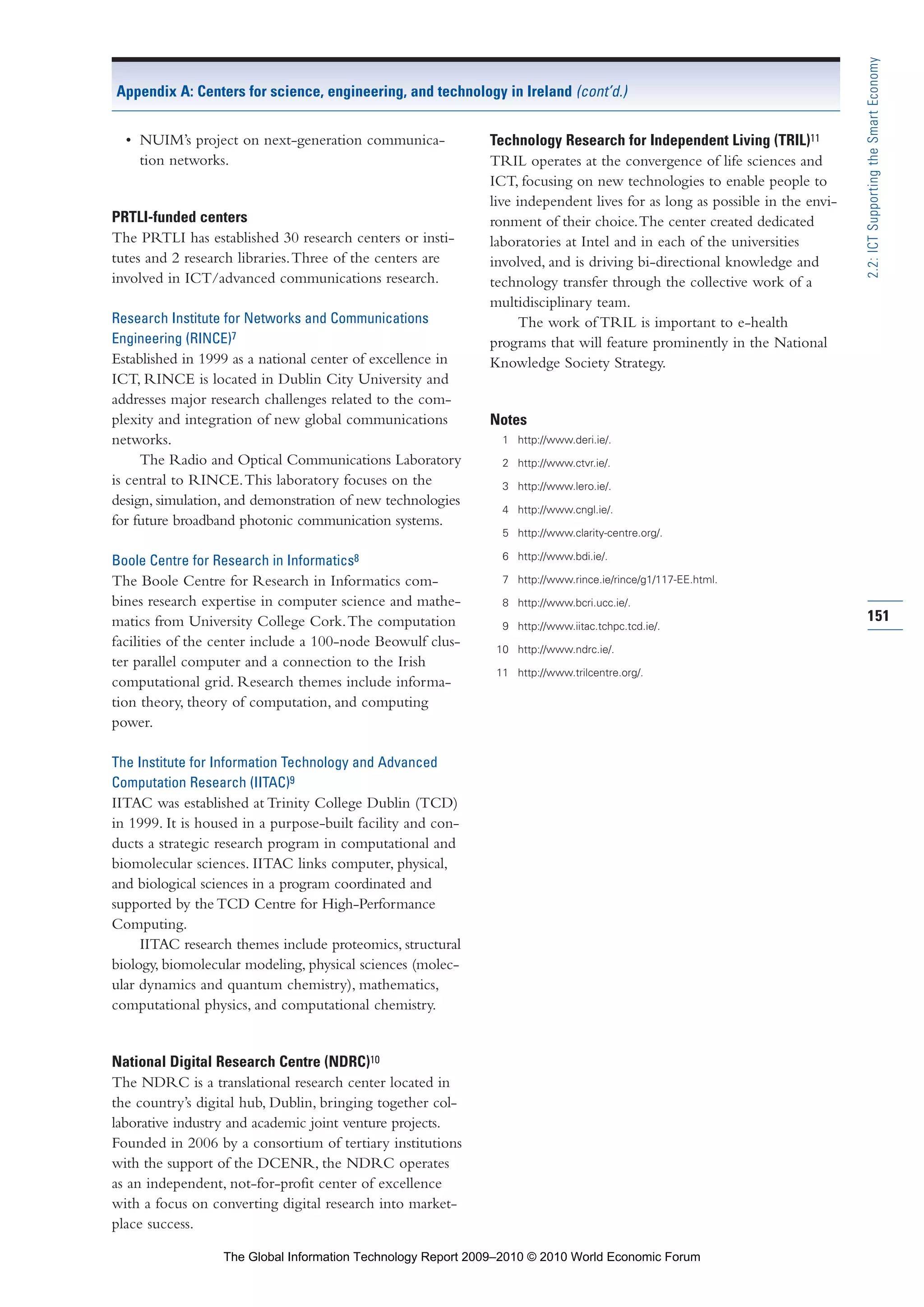 • NUIM’s project on next-generation communica-
tion networks.
PRTLI-funded centers
The PRTLI has established 30 research centers or insti-
tutes and 2 research libraries.Three of the centers are
involved in ICT/advanced communications research.
Research Institute for Networks and Communications
Engineering (RINCE)7
Established in 1999 as a national center of excellence in
ICT, RINCE is located in Dublin City University and
addresses major research challenges related to the com-
plexity and integration of new global communications
networks.
The Radio and Optical Communications Laboratory
is central to RINCE.This laboratory focuses on the
design, simulation, and demonstration of new technologies
for future broadband photonic communication systems.
Boole Centre for Research in Informatics8
The Boole Centre for Research in Informatics com-
bines research expertise in computer science and mathe-
matics from University College Cork.The computation
facilities of the center include a 100-node Beowulf clus-
ter parallel computer and a connection to the Irish
computational grid. Research themes include informa-
tion theory, theory of computation, and computing
power.
The Institute for Information Technology and Advanced
Computation Research (IITAC)9
IITAC was established at Trinity College Dublin (TCD)
in 1999. It is housed in a purpose-built facility and con-
ducts a strategic research program in computational and
biomolecular sciences. IITAC links computer, physical,
and biological sciences in a program coordinated and
supported by the TCD Centre for High-Performance
Computing.
IITAC research themes include proteomics, structural
biology, biomolecular modeling, physical sciences (molec-
ular dynamics and quantum chemistry), mathematics,
computational physics, and computational chemistry.
National Digital Research Centre (NDRC)10
The NDRC is a translational research center located in
the country’s digital hub, Dublin, bringing together col-
laborative industry and academic joint venture projects.
Founded in 2006 by a consortium of tertiary institutions
with the support of the DCENR, the NDRC operates
as an independent, not-for-profit center of excellence
with a focus on converting digital research into market-
place success.
Technology Research for Independent Living (TRIL)11
TRIL operates at the convergence of life sciences and
ICT, focusing on new technologies to enable people to
live independent lives for as long as possible in the envi-
ronment of their choice.The center created dedicated
laboratories at Intel and in each of the universities
involved, and is driving bi-directional knowledge and
technology transfer through the collective work of a
multidisciplinary team.
The work of TRIL is important to e-health
programs that will feature prominently in the National
Knowledge Society Strategy.
Notes
1 http://www.deri.ie/.
2 http://www.ctvr.ie/.
3 http://www.lero.ie/.
4 http://www.cngl.ie/.
5 http://www.clarity-centre.org/.
6 http://www.bdi.ie/.
7 http://www.rince.ie/rince/g1/117-EE.html.
8 http://www.bcri.ucc.ie/.
9 http://www.iitac.tchpc.tcd.ie/.
10 http://www.ndrc.ie/.
11 http://www.trilcentre.org/.
Appendix A: Centers for science, engineering, and technology in Ireland (cont’d.)
151
2.2:ICTSupportingtheSmartEconomy
Part 2.r2 3/1/10 12:59 PM Page 151
The Global Information Technology Report 2009–2010 © 2010 World Economic Forum
 