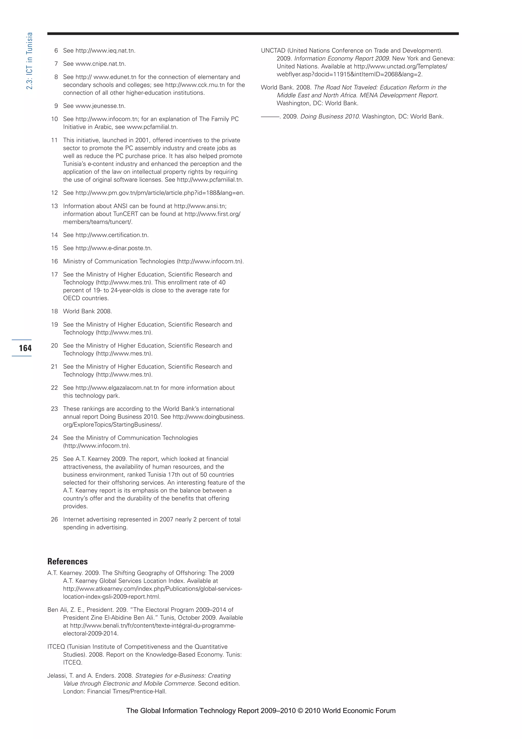 6 See http://www.ieq.nat.tn.
7 See www.cnipe.nat.tn.
8 See http:// www.edunet.tn for the connection of elementary and
secondary schools and colleges; see http://www.cck.rnu.tn for the
connection of all other higher-education institutions.
9 See www.jeunesse.tn.
10 See http://www.infocom.tn; for an explanation of The Family PC
Initiative in Arabic, see www.pcfamilial.tn.
11 This initiative, launched in 2001, offered incentives to the private
sector to promote the PC assembly industry and create jobs as
well as reduce the PC purchase price. It has also helped promote
Tunisia’s e-content industry and enhanced the perception and the
application of the law on intellectual property rights by requiring
the use of original software licenses. See http://www.pcfamilial.tn.
12 See http://www.pm.gov.tn/pm/article/article.php?id=188&lang=en.
13 Information about ANSI can be found at http://www.ansi.tn;
information about TunCERT can be found at http://www.first.org/
members/teams/tuncert/.
14 See http://www.certification.tn.
15 See http://www.e-dinar.poste.tn.
16 Ministry of Communication Technologies (http://www.infocom.tn).
17 See the Ministry of Higher Education, Scientific Research and
Technology (http://www.mes.tn). This enrollment rate of 40
percent of 19- to 24-year-olds is close to the average rate for
OECD countries.
18 World Bank 2008.
19 See the Ministry of Higher Education, Scientific Research and
Technology (http://www.mes.tn).
20 See the Ministry of Higher Education, Scientific Research and
Technology (http://www.mes.tn).
21 See the Ministry of Higher Education, Scientific Research and
Technology (http://www.mes.tn).
22 See http://www.elgazalacom.nat.tn for more information about
this technology park.
23 These rankings are according to the World Bank’s international
annual report Doing Business 2010. See http://www.doingbusiness.
org/ExploreTopics/StartingBusiness/.
24 See the Ministry of Communication Technologies
(http://www.infocom.tn).
25 See A.T. Kearney 2009. The report, which looked at financial
attractiveness, the availability of human resources, and the
business environment, ranked Tunisia 17th out of 50 countries
selected for their offshoring services. An interesting feature of the
A.T. Kearney report is its emphasis on the balance between a
country’s offer and the durability of the benefits that offering
provides.
26 Internet advertising represented in 2007 nearly 2 percent of total
spending in advertising.
References
A.T. Kearney. 2009. The Shifting Geography of Offshoring: The 2009
A.T. Kearney Global Services Location Index. Available at
http://www.atkearney.com/index.php/Publications/global-services-
location-index-gsli-2009-report.html.
Ben Ali, Z. E., President. 209. “The Electoral Program 2009–2014 of
President Zine El-Abidine Ben Ali.” Tunis, October 2009. Available
at http://www.benali.tn/fr/content/texte-intégral-du-programme-
electoral-2009-2014.
ITCEQ (Tunisian Institute of Competitiveness and the Quantitative
Studies). 2008. Report on the Knowledge-Based Economy. Tunis:
ITCEQ.
Jelassi, T. and A. Enders. 2008. Strategies for e-Business: Creating
Value through Electronic and Mobile Commerce. Second edition.
London: Financial Times/Prentice-Hall.
UNCTAD (United Nations Conference on Trade and Development).
2009. Information Economy Report 2009. New York and Geneva:
United Nations. Available at http://www.unctad.org/Templates/
webflyer.asp?docid=11915&intItemID=2068&lang=2.
World Bank. 2008. The Road Not Traveled: Education Reform in the
Middle East and North Africa. MENA Development Report.
Washington, DC: World Bank.
———. 2009. Doing Business 2010. Washington, DC: World Bank.
164
2.3:ICTinTunisia
Part 2.r2 3/1/10 12:59 PM Page 164
The Global Information Technology Report 2009–2010 © 2010 World Economic Forum
 