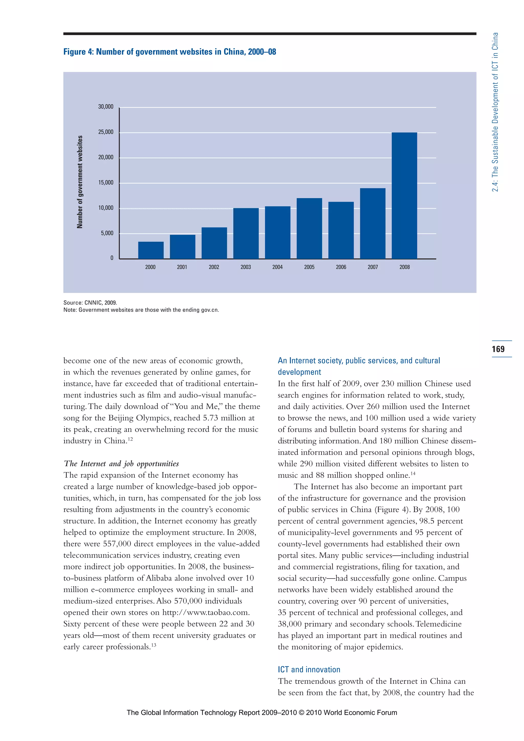 become one of the new areas of economic growth,
in which the revenues generated by online games, for
instance, have far exceeded that of traditional entertain-
ment industries such as film and audio-visual manufac-
turing.The daily download of “You and Me,” the theme
song for the Beijing Olympics, reached 5.73 million at
its peak, creating an overwhelming record for the music
industry in China.12
The Internet and job opportunities
The rapid expansion of the Internet economy has
created a large number of knowledge-based job oppor-
tunities, which, in turn, has compensated for the job loss
resulting from adjustments in the country’s economic
structure. In addition, the Internet economy has greatly
helped to optimize the employment structure. In 2008,
there were 557,000 direct employees in the value-added
telecommunication services industry, creating even
more indirect job opportunities. In 2008, the business-
to-business platform of Alibaba alone involved over 10
million e-commerce employees working in small- and
medium-sized enterprises.Also 570,000 individuals
opened their own stores on http://www.taobao.com.
Sixty percent of these were people between 22 and 30
years old—most of them recent university graduates or
early career professionals.13
An Internet society, public services, and cultural
development
In the first half of 2009, over 230 million Chinese used
search engines for information related to work, study,
and daily activities. Over 260 million used the Internet
to browse the news, and 100 million used a wide variety
of forums and bulletin board systems for sharing and
distributing information.And 180 million Chinese dissem-
inated information and personal opinions through blogs,
while 290 million visited different websites to listen to
music and 88 million shopped online.14
The Internet has also become an important part
of the infrastructure for governance and the provision
of public services in China (Figure 4). By 2008, 100
percent of central government agencies, 98.5 percent
of municipality-level governments and 95 percent of
county-level governments had established their own
portal sites. Many public services—including industrial
and commercial registrations, filing for taxation, and
social security—had successfully gone online. Campus
networks have been widely established around the
country, covering over 90 percent of universities,
35 percent of technical and professional colleges, and
38,000 primary and secondary schools.Telemedicine
has played an important part in medical routines and
the monitoring of major epidemics.
ICT and innovation
The tremendous growth of the Internet in China can
be seen from the fact that, by 2008, the country had the
169
2.4:TheSustainableDevelopmentofICTinChina
0
5,000
10,000
15,000
20,000
25,000
30,000
2007200620052004200320022001 20082000
Figure 4: Number of government websites in China, 2000–08
Source: CNNIC, 2009.
Note: Government websites are those with the ending gov.cn.
Numberofgovernmentwebsites
Part 2.r2 3/1/10 12:59 PM Page 169
The Global Information Technology Report 2009–2010 © 2010 World Economic Forum
 