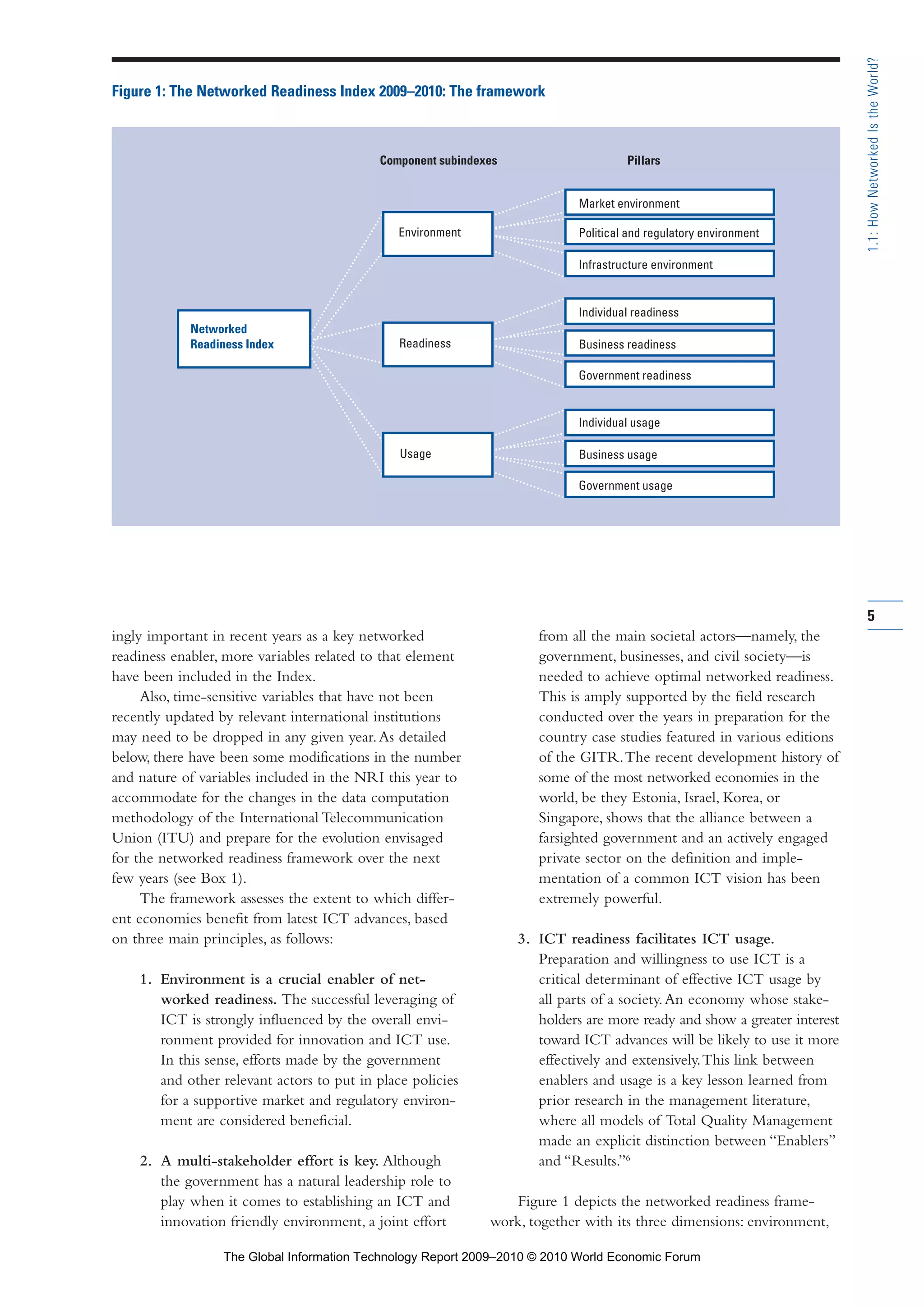 ingly important in recent years as a key networked
readiness enabler, more variables related to that element
have been included in the Index.
Also, time-sensitive variables that have not been
recently updated by relevant international institutions
may need to be dropped in any given year.As detailed
below, there have been some modifications in the number
and nature of variables included in the NRI this year to
accommodate for the changes in the data computation
methodology of the International Telecommunication
Union (ITU) and prepare for the evolution envisaged
for the networked readiness framework over the next
few years (see Box 1).
The framework assesses the extent to which differ-
ent economies benefit from latest ICT advances, based
on three main principles, as follows:
1. Environment is a crucial enabler of net-
worked readiness. The successful leveraging of
ICT is strongly influenced by the overall envi-
ronment provided for innovation and ICT use.
In this sense, efforts made by the government
and other relevant actors to put in place policies
for a supportive market and regulatory environ-
ment are considered beneficial.
2. A multi-stakeholder effort is key. Although
the government has a natural leadership role to
play when it comes to establishing an ICT and
innovation friendly environment, a joint effort
from all the main societal actors—namely, the
government, businesses, and civil society—is
needed to achieve optimal networked readiness.
This is amply supported by the field research
conducted over the years in preparation for the
country case studies featured in various editions
of the GITR.The recent development history of
some of the most networked economies in the
world, be they Estonia, Israel, Korea, or
Singapore, shows that the alliance between a
farsighted government and an actively engaged
private sector on the definition and imple-
mentation of a common ICT vision has been
extremely powerful.
3. ICT readiness facilitates ICT usage.
Preparation and willingness to use ICT is a
critical determinant of effective ICT usage by
all parts of a society.An economy whose stake-
holders are more ready and show a greater interest
toward ICT advances will be likely to use it more
effectively and extensively.This link between
enablers and usage is a key lesson learned from
prior research in the management literature,
where all models of Total Quality Management
made an explicit distinction between “Enablers”
and “Results.”6
Figure 1 depicts the networked readiness frame-
work, together with its three dimensions: environment,
5
1.1:HowNetworkedIstheWorld?
Networked
Readiness Index
Environment
Business readinessReadiness
Usage
Individual readiness
Infrastructure environment
Government readiness
Business usage
Individual usage
Government usage
Political and regulatory environment
Market environment
Component subindexes Pillars
Figure 1: The Networked Readiness Index 2009–2010: The framework
Part 1.r2 3/2/10 4:40 AM Page 5
The Global Information Technology Report 2009–2010 © 2010 World Economic Forum
 