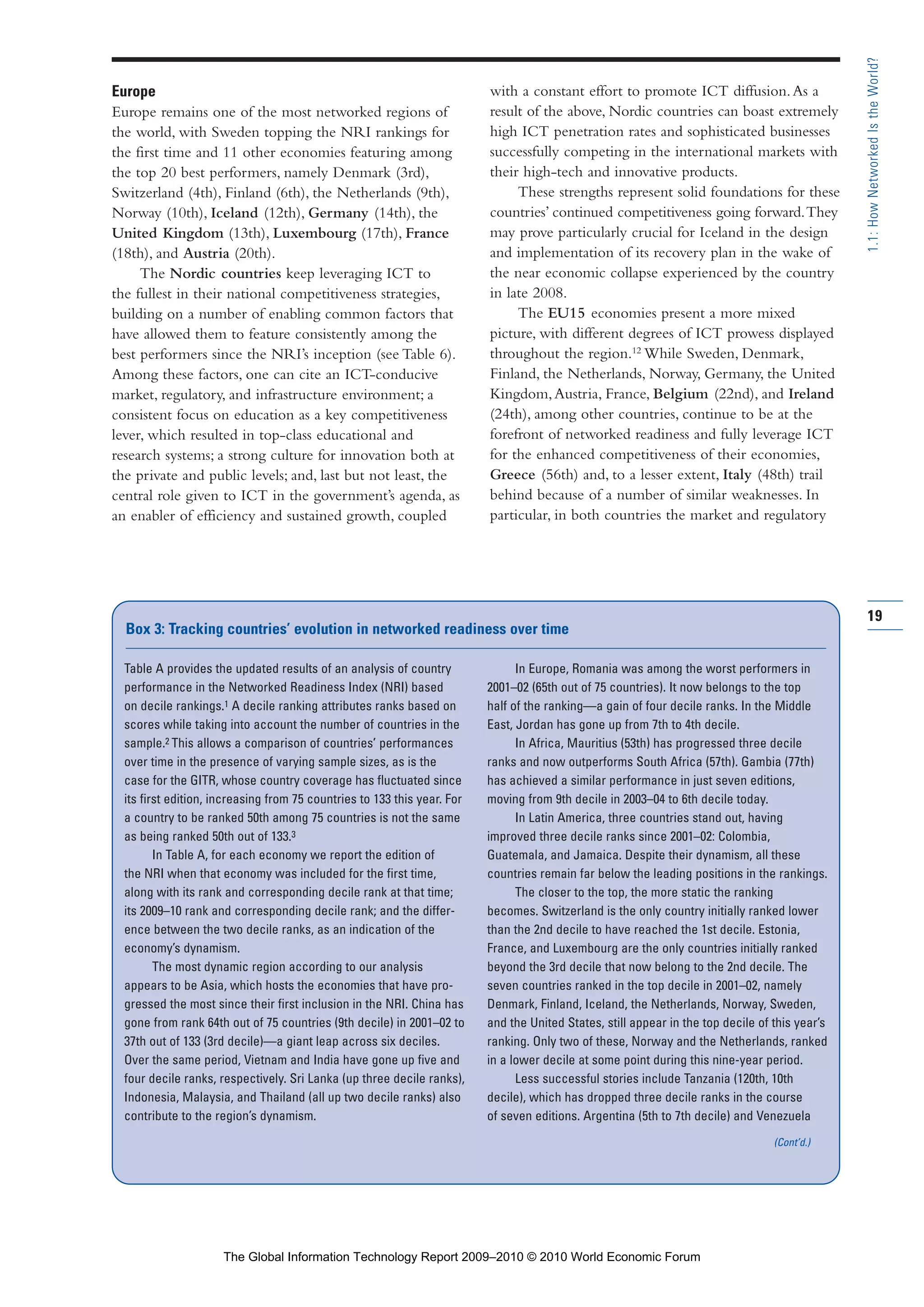 Table A provides the updated results of an analysis of country
performance in the Networked Readiness Index (NRI) based
on decile rankings.1 A decile ranking attributes ranks based on
scores while taking into account the number of countries in the
sample.2 This allows a comparison of countries’ performances
over time in the presence of varying sample sizes, as is the
case for the GITR, whose country coverage has fluctuated since
its first edition, increasing from 75 countries to 133 this year. For
a country to be ranked 50th among 75 countries is not the same
as being ranked 50th out of 133.3
In Table A, for each economy we report the edition of
the NRI when that economy was included for the first time,
along with its rank and corresponding decile rank at that time;
its 2009–10 rank and corresponding decile rank; and the differ-
ence between the two decile ranks, as an indication of the
economy’s dynamism.
The most dynamic region according to our analysis
appears to be Asia, which hosts the economies that have pro-
gressed the most since their first inclusion in the NRI. China has
gone from rank 64th out of 75 countries (9th decile) in 2001–02 to
37th out of 133 (3rd decile)—a giant leap across six deciles.
Over the same period, Vietnam and India have gone up five and
four decile ranks, respectively. Sri Lanka (up three decile ranks),
Indonesia, Malaysia, and Thailand (all up two decile ranks) also
contribute to the region’s dynamism.
In Europe, Romania was among the worst performers in
2001–02 (65th out of 75 countries). It now belongs to the top
half of the ranking—a gain of four decile ranks. In the Middle
East, Jordan has gone up from 7th to 4th decile.
In Africa, Mauritius (53th) has progressed three decile
ranks and now outperforms South Africa (57th). Gambia (77th)
has achieved a similar performance in just seven editions,
moving from 9th decile in 2003–04 to 6th decile today.
In Latin America, three countries stand out, having
improved three decile ranks since 2001–02: Colombia,
Guatemala, and Jamaica. Despite their dynamism, all these
countries remain far below the leading positions in the rankings.
The closer to the top, the more static the ranking
becomes. Switzerland is the only country initially ranked lower
than the 2nd decile to have reached the 1st decile. Estonia,
France, and Luxembourg are the only countries initially ranked
beyond the 3rd decile that now belong to the 2nd decile. The
seven countries ranked in the top decile in 2001–02, namely
Denmark, Finland, Iceland, the Netherlands, Norway, Sweden,
and the United States, still appear in the top decile of this year’s
ranking. Only two of these, Norway and the Netherlands, ranked
in a lower decile at some point during this nine-year period.
Less successful stories include Tanzania (120th, 10th
decile), which has dropped three decile ranks in the course
of seven editions. Argentina (5th to 7th decile) and Venezuela
Box 3: Tracking countries’ evolution in networked readiness over time
Europe
Europe remains one of the most networked regions of
the world, with Sweden topping the NRI rankings for
the first time and 11 other economies featuring among
the top 20 best performers, namely Denmark (3rd),
Switzerland (4th), Finland (6th), the Netherlands (9th),
Norway (10th), Iceland (12th), Germany (14th), the
United Kingdom (13th), Luxembourg (17th), France
(18th), and Austria (20th).
The Nordic countries keep leveraging ICT to
the fullest in their national competitiveness strategies,
building on a number of enabling common factors that
have allowed them to feature consistently among the
best performers since the NRI’s inception (see Table 6).
Among these factors, one can cite an ICT-conducive
market, regulatory, and infrastructure environment; a
consistent focus on education as a key competitiveness
lever, which resulted in top-class educational and
research systems; a strong culture for innovation both at
the private and public levels; and, last but not least, the
central role given to ICT in the government’s agenda, as
an enabler of efficiency and sustained growth, coupled
with a constant effort to promote ICT diffusion.As a
result of the above, Nordic countries can boast extremely
high ICT penetration rates and sophisticated businesses
successfully competing in the international markets with
their high-tech and innovative products.
These strengths represent solid foundations for these
countries’ continued competitiveness going forward.They
may prove particularly crucial for Iceland in the design
and implementation of its recovery plan in the wake of
the near economic collapse experienced by the country
in late 2008.
The EU15 economies present a more mixed
picture, with different degrees of ICT prowess displayed
throughout the region.12
While Sweden, Denmark,
Finland, the Netherlands, Norway, Germany, the United
Kingdom,Austria, France, Belgium (22nd), and Ireland
(24th), among other countries, continue to be at the
forefront of networked readiness and fully leverage ICT
for the enhanced competitiveness of their economies,
Greece (56th) and, to a lesser extent, Italy (48th) trail
behind because of a number of similar weaknesses. In
particular, in both countries the market and regulatory
19
1.1:HowNetworkedIstheWorld?
(Cont’d.)
Part 1.r2 3/2/10 4:40 AM Page 19
The Global Information Technology Report 2009–2010 © 2010 World Economic Forum
 