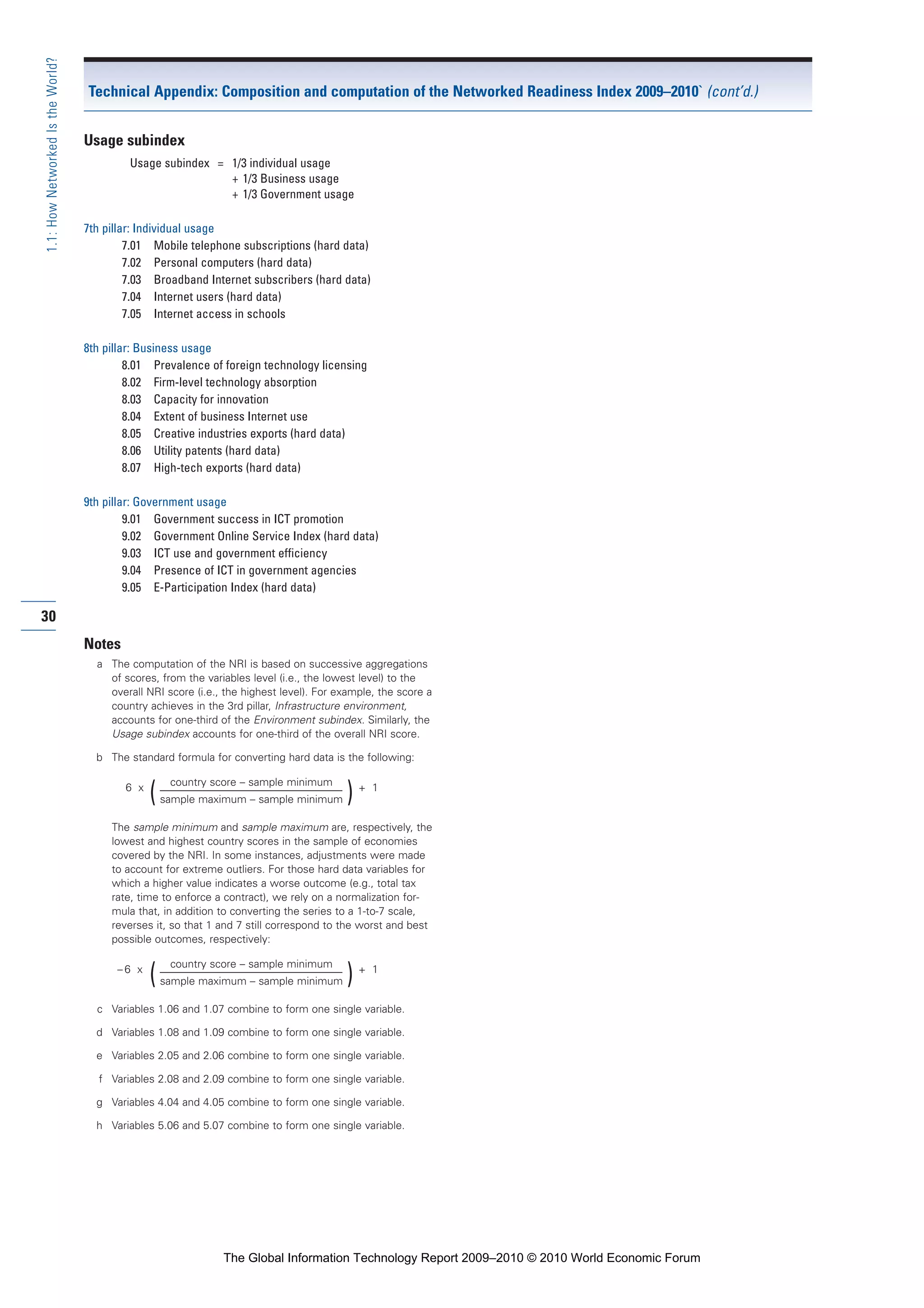 30
1.1:HowNetworkedIstheWorld?
Usage subindex
Usage subindex = 1/3 individual usage
+ 1/3 Business usage
+ 1/3 Government usage
7th pillar: Individual usage
7.01 Mobile telephone subscriptions (hard data)
7.02 Personal computers (hard data)
7.03 Broadband Internet subscribers (hard data)
7.04 Internet users (hard data)
7.05 Internet access in schools
8th pillar: Business usage
8.01 Prevalence of foreign technology licensing
8.02 Firm-level technology absorption
8.03 Capacity for innovation
8.04 Extent of business Internet use
8.05 Creative industries exports (hard data)
8.06 Utility patents (hard data)
8.07 High-tech exports (hard data)
9th pillar: Government usage
9.01 Government success in ICT promotion
9.02 Government Online Service Index (hard data)
9.03 ICT use and government efficiency
9.04 Presence of ICT in government agencies
9.05 E-Participation Index (hard data)
Notes
a The computation of the NRI is based on successive aggregations
of scores, from the variables level (i.e., the lowest level) to the
overall NRI score (i.e., the highest level). For example, the score a
country achieves in the 3rd pillar, Infrastructure environment,
accounts for one-third of the Environment subindex. Similarly, the
Usage subindex accounts for one-third of the overall NRI score.
b The standard formula for converting hard data is the following:
6 x
country score – sample minimum
+ 1
(sample maximum – sample minimum )
The sample minimum and sample maximum are, respectively, the
lowest and highest country scores in the sample of economies
covered by the NRI. In some instances, adjustments were made
to account for extreme outliers. For those hard data variables for
which a higher value indicates a worse outcome (e.g., total tax
rate, time to enforce a contract), we rely on a normalization for-
mula that, in addition to converting the series to a 1-to-7 scale,
reverses it, so that 1 and 7 still correspond to the worst and best
possible outcomes, respectively:
– 6 x
country score – sample minimum
+ 1
(sample maximum – sample minimum )
c Variables 1.06 and 1.07 combine to form one single variable.
d Variables 1.08 and 1.09 combine to form one single variable.
e Variables 2.05 and 2.06 combine to form one single variable.
f Variables 2.08 and 2.09 combine to form one single variable.
g Variables 4.04 and 4.05 combine to form one single variable.
h Variables 5.06 and 5.07 combine to form one single variable.
Technical Appendix: Composition and computation of the Networked Readiness Index 2009–2010` (cont’d.)
Part 1.r2 3/2/10 4:40 AM Page 30
The Global Information Technology Report 2009–2010 © 2010 World Economic Forum
 