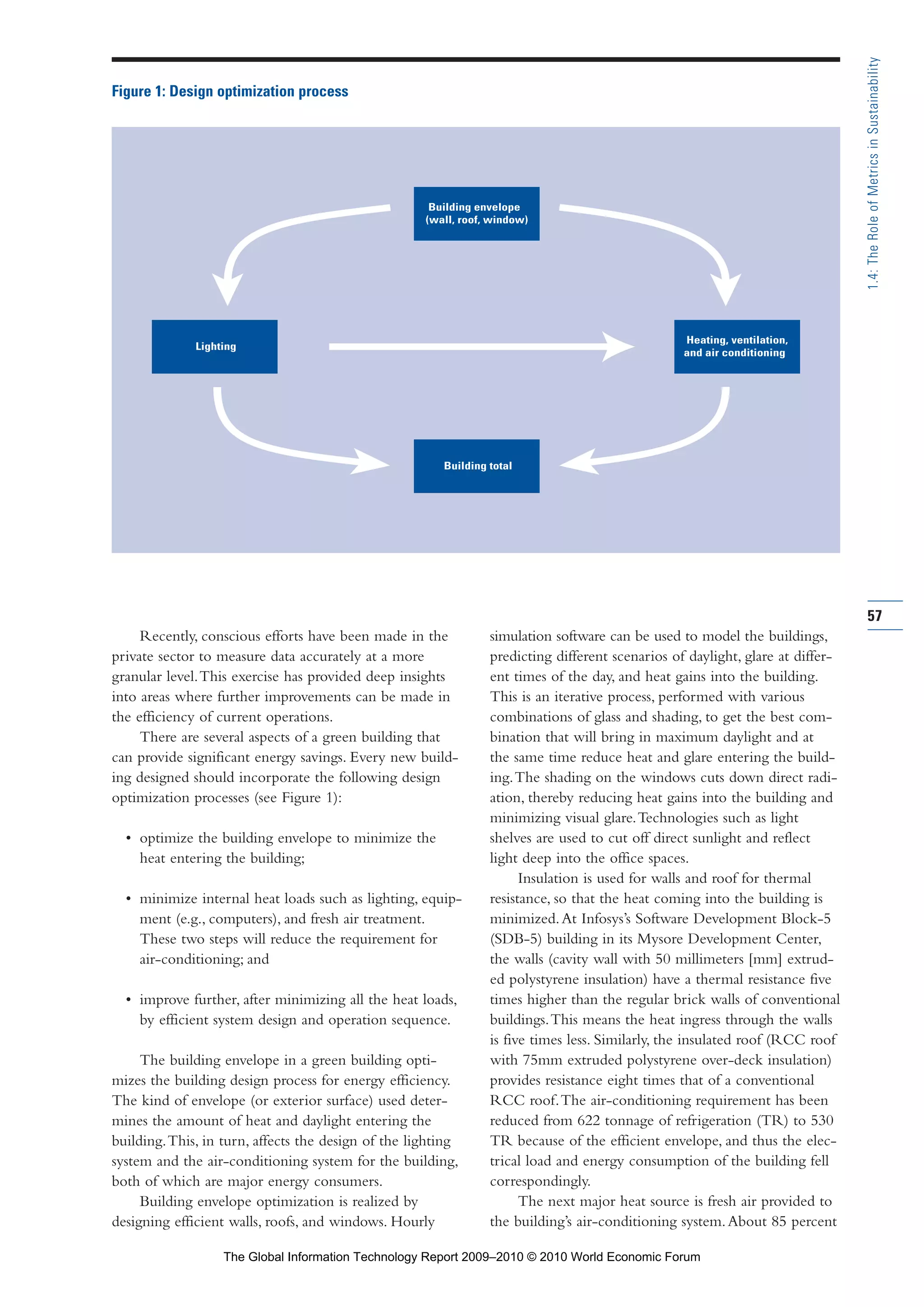 Building total
Building envelope
(wall, roof, window)
Heating, ventilation,
and air conditioning
Lighting
Recently, conscious efforts have been made in the
private sector to measure data accurately at a more
granular level.This exercise has provided deep insights
into areas where further improvements can be made in
the efficiency of current operations.
There are several aspects of a green building that
can provide significant energy savings. Every new build-
ing designed should incorporate the following design
optimization processes (see Figure 1):
• optimize the building envelope to minimize the
heat entering the building;
• minimize internal heat loads such as lighting, equip-
ment (e.g., computers), and fresh air treatment.
These two steps will reduce the requirement for
air-conditioning; and
• improve further, after minimizing all the heat loads,
by efficient system design and operation sequence.
The building envelope in a green building opti-
mizes the building design process for energy efficiency.
The kind of envelope (or exterior surface) used deter-
mines the amount of heat and daylight entering the
building.This, in turn, affects the design of the lighting
system and the air-conditioning system for the building,
both of which are major energy consumers.
Building envelope optimization is realized by
designing efficient walls, roofs, and windows. Hourly
simulation software can be used to model the buildings,
predicting different scenarios of daylight, glare at differ-
ent times of the day, and heat gains into the building.
This is an iterative process, performed with various
combinations of glass and shading, to get the best com-
bination that will bring in maximum daylight and at
the same time reduce heat and glare entering the build-
ing.The shading on the windows cuts down direct radi-
ation, thereby reducing heat gains into the building and
minimizing visual glare.Technologies such as light
shelves are used to cut off direct sunlight and reflect
light deep into the office spaces.
Insulation is used for walls and roof for thermal
resistance, so that the heat coming into the building is
minimized.At Infosys’s Software Development Block-5
(SDB-5) building in its Mysore Development Center,
the walls (cavity wall with 50 millimeters [mm] extrud-
ed polystyrene insulation) have a thermal resistance five
times higher than the regular brick walls of conventional
buildings.This means the heat ingress through the walls
is five times less. Similarly, the insulated roof (RCC roof
with 75mm extruded polystyrene over-deck insulation)
provides resistance eight times that of a conventional
RCC roof.The air-conditioning requirement has been
reduced from 622 tonnage of refrigeration (TR) to 530
TR because of the efficient envelope, and thus the elec-
trical load and energy consumption of the building fell
correspondingly.
The next major heat source is fresh air provided to
the building’s air-conditioning system.About 85 percent
57
1.4:TheRoleofMetricsinSustainability
Building envelope
(wall, roof, window)
Lighting
Heating, ventilation,
and air conditioning
Building total
Figure 1: Design optimization process
Part 1.r2 3/2/10 4:40 AM Page 57
The Global Information Technology Report 2009–2010 © 2010 World Economic Forum
 
