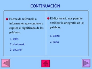 CONTINUACIÓN 1. atlas 2. diccionario 3. anuario 1. Cierto 2. Falso Fuente de referencia o  información que contiene y  explica el significado de las  palabras. El diccionario nos permite  verificar la ortografia de las  palabras. 