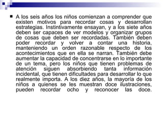 A los seis años los niños comienzan a comprender que existen motivos para recordar cosas y desarrollan estrategias. Instintivamente ensayan, y a los siete años deben ser capaces de ver modelos y organizar grupos de cosas que deben ser recordadas. También deben poder recordar y volver a contar una historia, manteniendo un orden razonable respecto de los acontecimientos que en ella se narran. También debe aumentar la capacidad de concentrarse en lo importante de un tema, pero los niños que tienen problemas de atención siguen absorbiendo tanta información incidental, que tienen dificultades para desarrollar lo que realmente importa. A los diez años, la mayoría de los niños a quienes se les muestran doce ilustraciones, pueden recordar ocho y reconocer las doce. 