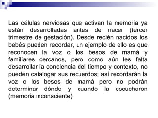 Las células nerviosas que activan la memoria ya están desarrolladas antes de nacer (tercer trimestre de gestación). Desde recién nacidos los bebés pueden recordar, un ejemplo de ello es que reconocen la voz o los besos de mamá y familiares cercanos, pero como aún les falta desarrollar la conciencia del tiempo y contexto, no pueden catalogar sus recuerdos; así recordarán la voz o los besos de mamá pero no podrán determinar dónde y cuando la escucharon (memoria inconsciente)  