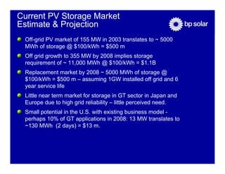 Current PV Storage Market
Estimate & Projection
 Off-grid PV market of 155 MW in 2003 translates to ~ 5000
 MWh of storage @ $100/kWh = $500 m
 Off grid growth to 355 MW by 2008 implies storage
 requirement of ~ 11,000 MWh @ $100/kWh = $1.1B
 Replacement market by 2008 ~ 5000 MWh of storage @
 $100/kWh = $500 m – assuming 1GW installed off grid and 6
 year service life
 Little near term market for storage in GT sector in Japan and
 Europe due to high grid reliability – little perceived need.
 Small potential in the U.S. with existing business model -
 perhaps 10% of GT applications in 2008: 13 MW translates to
 ~130 MWh (2 days) = $13 m.
 