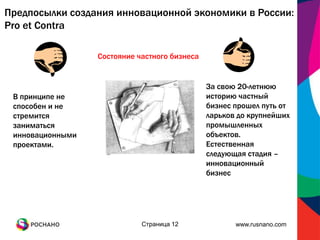Предпосылки создания инновационной экономики в России:
Pro et Contra

                  Состояние частного бизнеса


                                               За свою 20-летнюю
 В принципе не                                 историю частный
 способен и не                                 бизнес прошел путь от
 стремится                                     ларьков до крупнейших
 заниматься                                    промышленных
 инновационными                                объектов.
 проектами.                                    Естественная
                                               следующая стадия –
                                               инновационный
                                               бизнес




                             Страница 12              www.rusnano.com
 