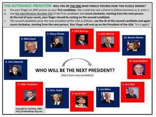 THE AUTOMAGIC PREDICTOR: WILL YOU BE THE ONE WHO FINALLY FIGURES HOW THIS PUZZLE WORKS? Put your finger on ANY person as your first candidate. (You could also ask a friend to follow processes a, b, and c.) Use the Identification Number (ID) of the first candidate and count clockwise, starting from the next person.      At the end of your count, your finger should be resting on the second candidate. The second candidate picks the next president of the USA as follows: use the ID of the second candidate and again count clockwise, starting from the next person. Your finger will end up on the President of the USA. Try it again! 2. Mitt Romney 1. John McCain 3. Hillary Clinton 12. Barack Obama 4. Bill Richardson 10. Rudy Giuliani 9. John Edwards WHO WILL BE THE NEXT PRESIDENT? (Start from any candidate) 11. Mike Huckabee 6. Ron Paul 5. Joe Biden 7. Chris  Dodd 8. Sarah Palin Copyright Dr. Rod King. 2009. http://tradeoffmap.ning.com 